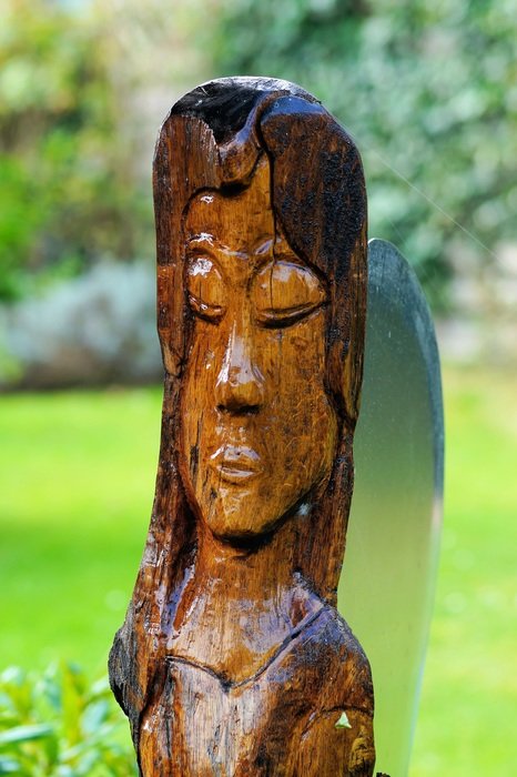 long hair woman, lacquered wooden sculpture
