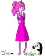 penguin next to a girl in a pink dress