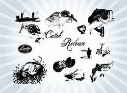 Black and white drawing of fishing clipart