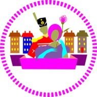 drawn silhouettes of a woman and an officer on the background of houses