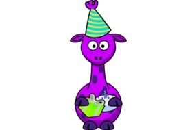 drawing of a purple giraffe with gifts