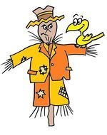 bird perched scarecrow, funny drawing