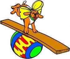 Circus, dog with bow on neck stands on board at top of colorful ball, drawing