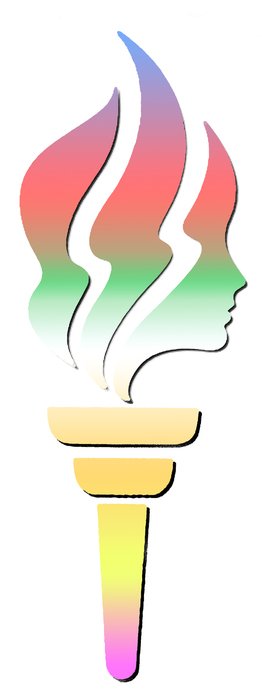 colorful LDS symbol, torch with flame in shape of Young Woman face