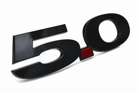 5.0, logo of Cobra Mustang, black lettering