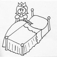black and white drawing of a princess near the bed