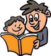 happy father reading book to son, drawing
