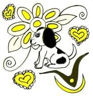 drawn Dalmatian puppy on a background of flowers and hearts