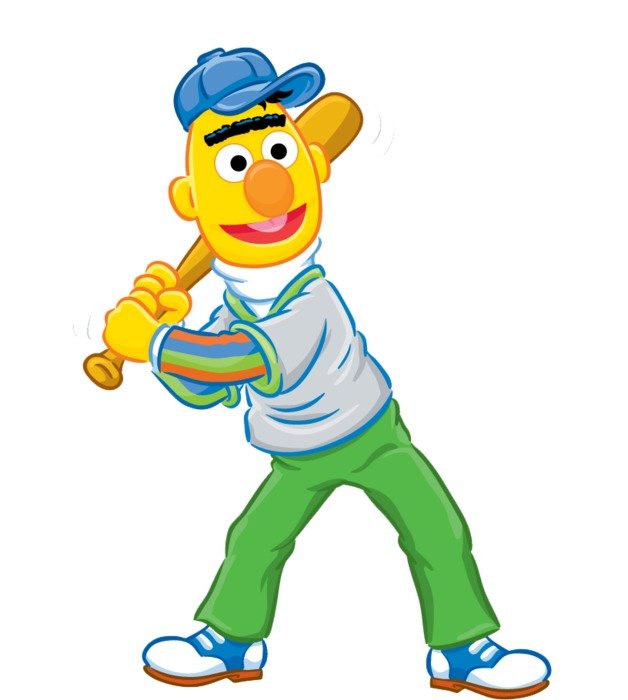 Bert with a baseball bat from the Sesame Street show