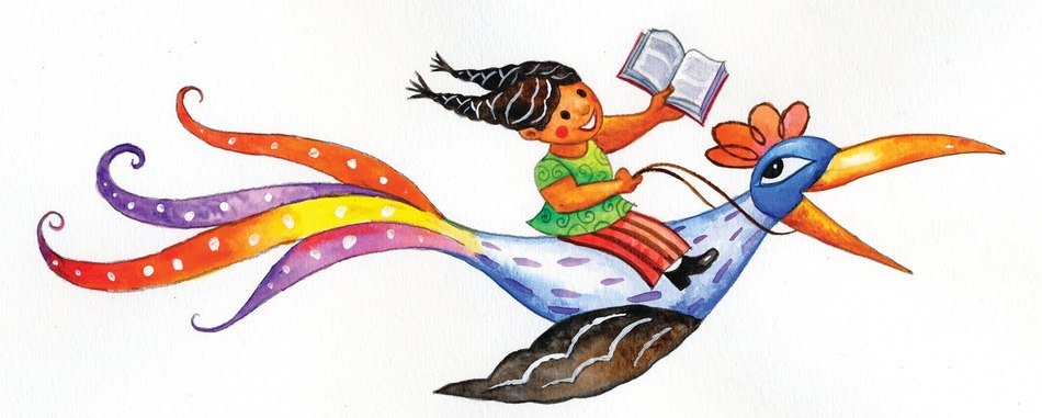 painted girl with a book on a bird