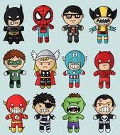 drawings of superheroes on a blue background