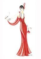 drawing of a girl in a long red dress on a white background