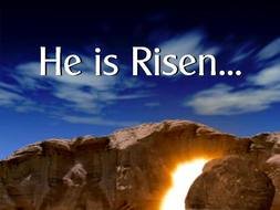 inscription "He is Risen" in a colorful picture