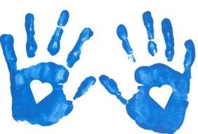 blue handprints with white hearts
