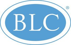 blc, white letters at blue elips, logo