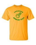 yellow T-shirt with the emblem of the Jamaican Bobsled Team