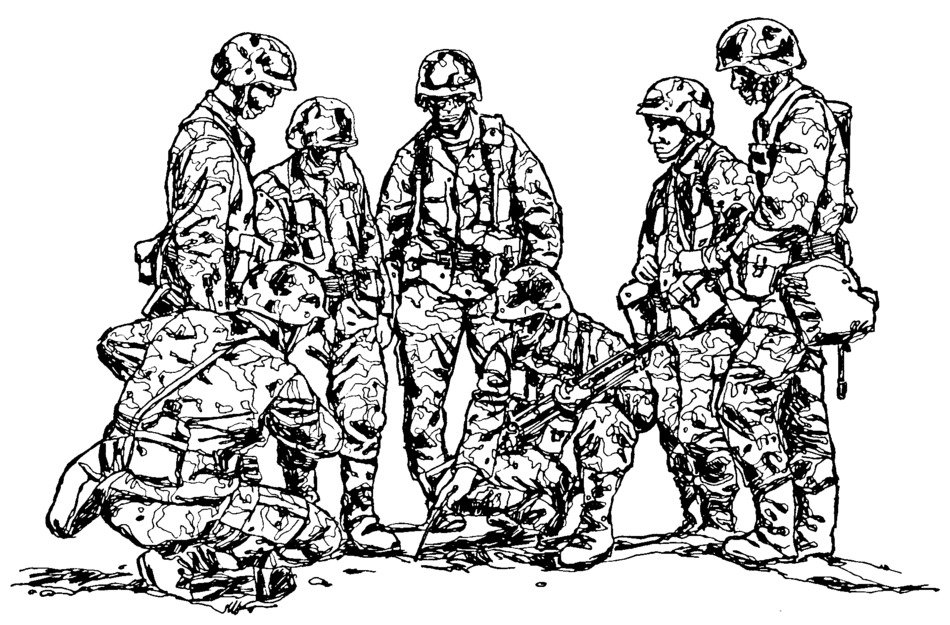 seven soldiers stand together, black and white drawing