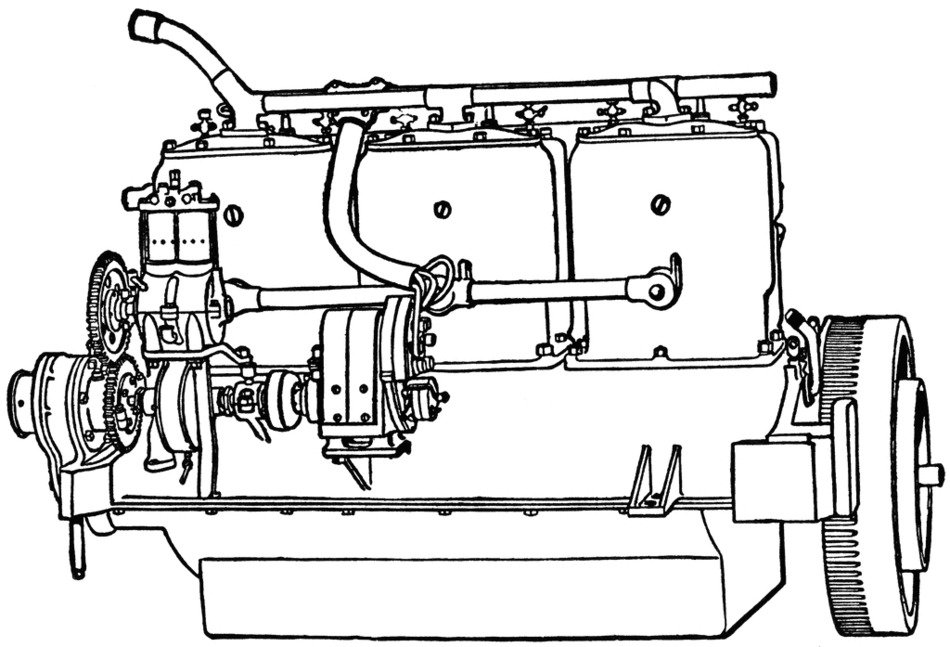 Motor starts the engine by turning the fly wheel, vintage line drawing