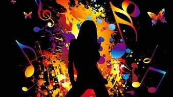 silhouette of girls on the background of colorful notes and butterflies