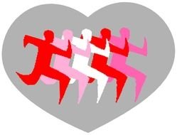 silhouettes of runners on a background of gray hearts