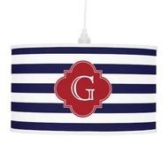 Dk Blue White Stripe Cranberry Quatrefoil Monogram Lamp