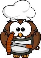 Funny cartoon Owl holds sausage on fork