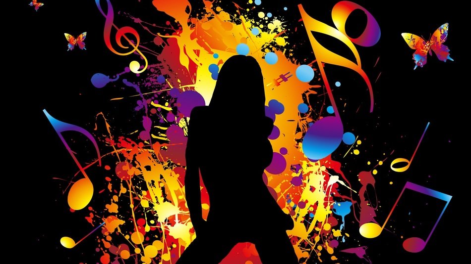 silhouette of girls on the background of colorful notes and butterflies