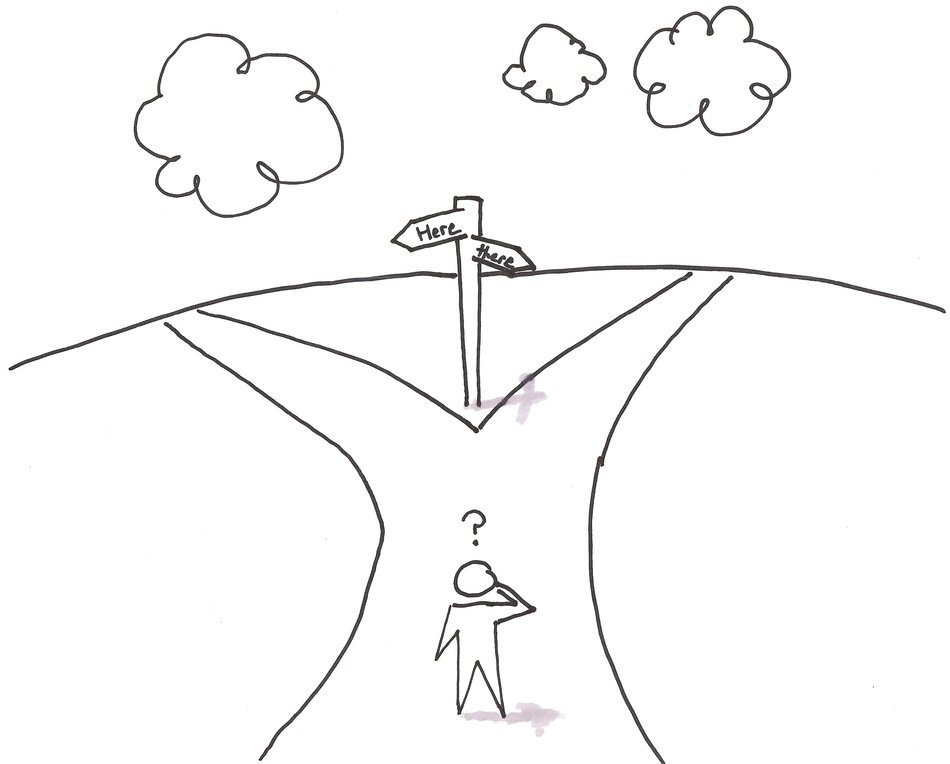 drawn man thinks where to go on a fork in the road