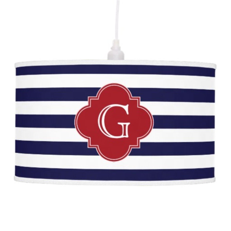 Dk Blue White Stripe Cranberry Quatrefoil Monogram Lamp