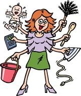 Crazy Mom with six hands,Clip Art