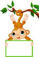 Cute Cartoon Monkey hangs on branch with empty board