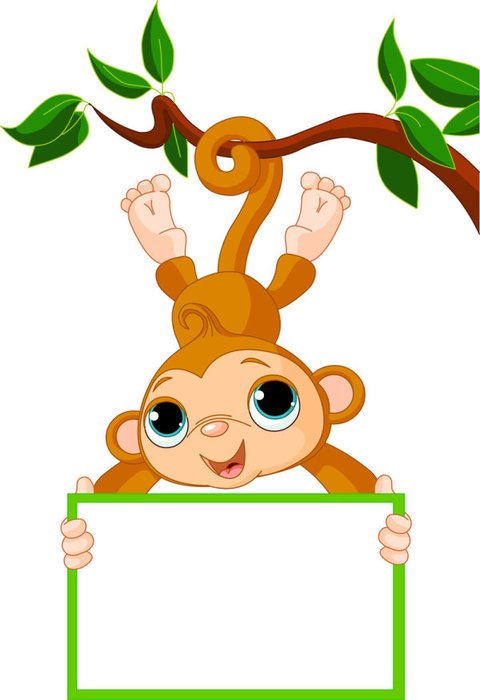 Cute Cartoon Monkey hangs on branch with empty board