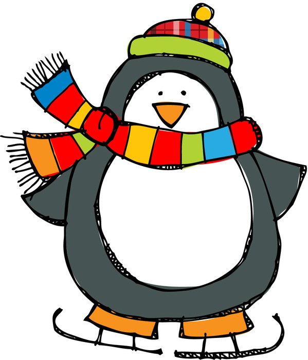 cartoon Penguin in colorful winter hat and scarf on skates, Clip Art