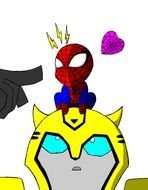 drawn little spider man on the head of a yellow robot