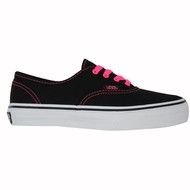 black sneakers with pink laces