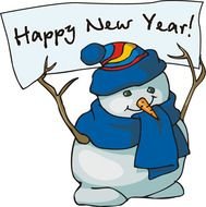 Happy Snowman with the "Happy New Year!" sign clipart