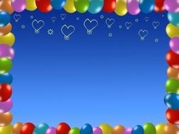 Happy Birthday, blue Border with hearts and balloons