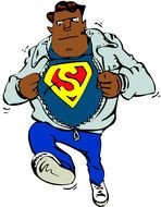 cartoon man in Superman t-shirt