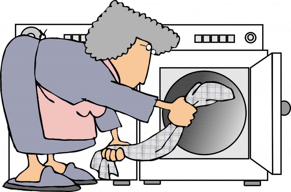 Cartoon woman with cloth in front of open Washing Machine