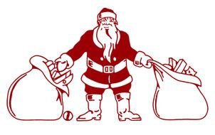 painted Santa Claus with two sacks of gifts on a white background