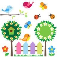 colorful birds and insects in blooming garden, drawing