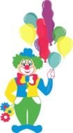 painted clown with a bouquet and colorful balloons