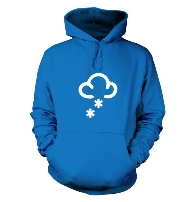blue jacket with a pattern of clouds with snow