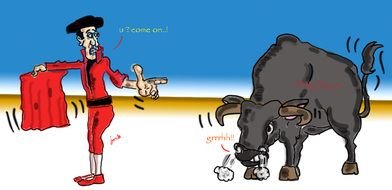 cartoon matador and angry bull