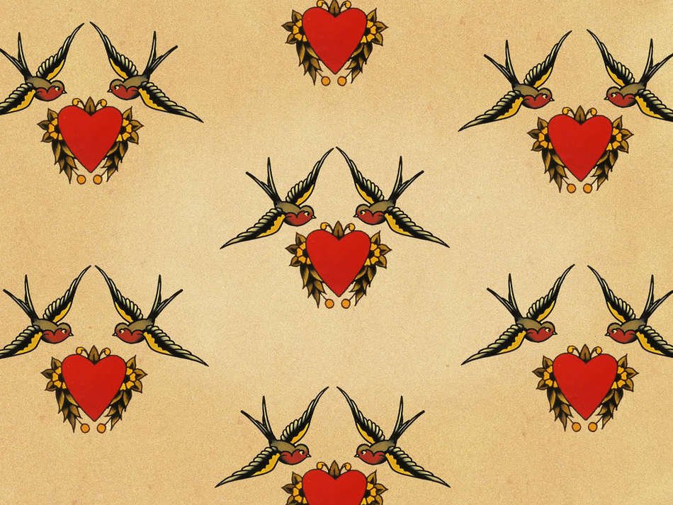wallpaper with birds near red hearts