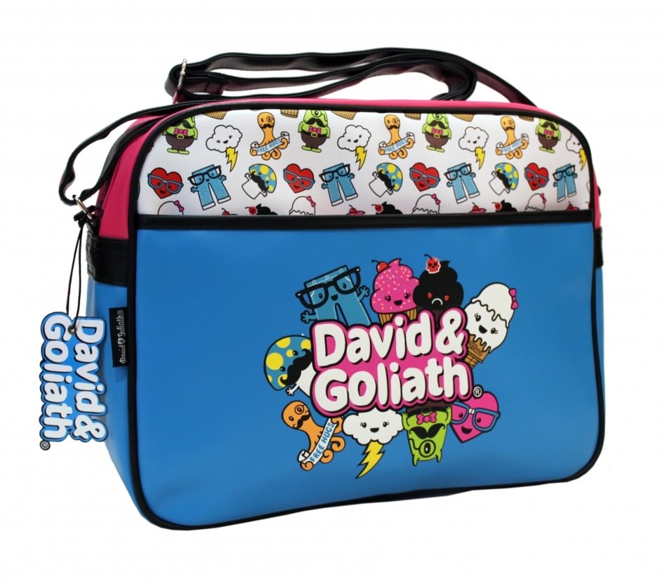 David And Goliath logo on a baby bag