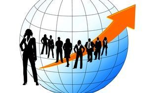 Bank employees on the background of the globe