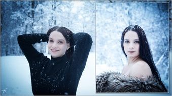 glamour model posing in the winter forest