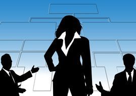 monochrome silhouette businesswoman blue background