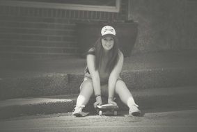 Happy girl in baseball cap with skateboard